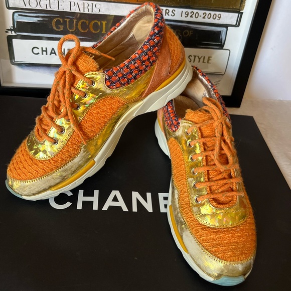 CHANEL Orange Gold Tweed Suede Lace up CC Sneakers - Picture 4 of 16